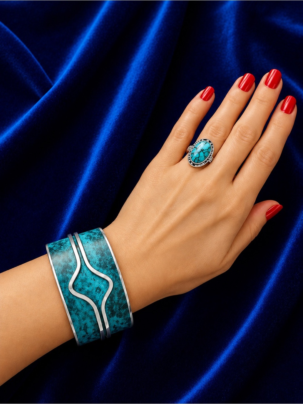Source Unknown Turquoise Blue Cuff Bracelet with Matching Ring